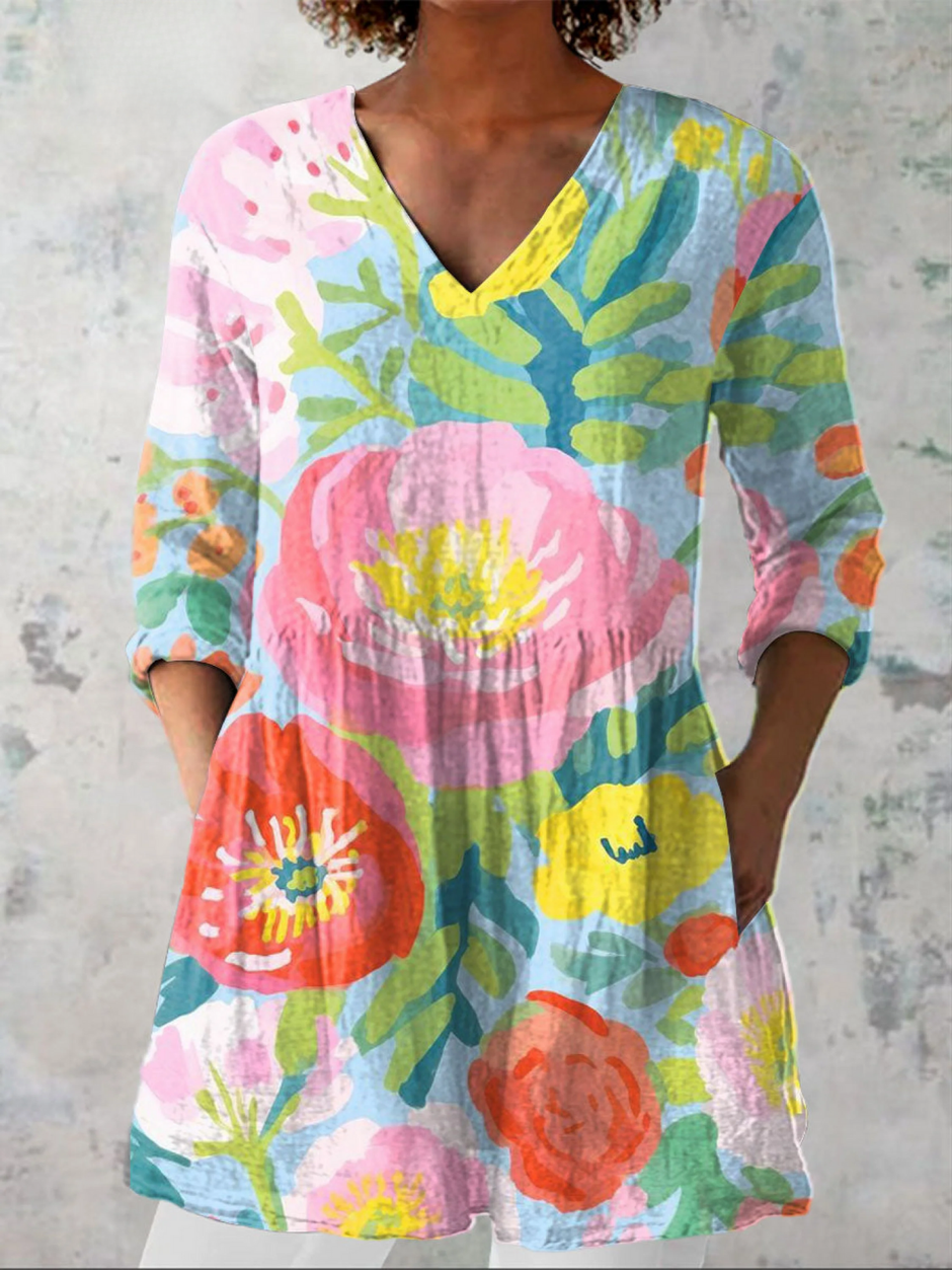 Helen | Pastel Floral V-Neck Tunic Top