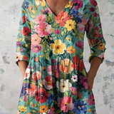 Nora | Turquoise Garden Floral V-Neck Tunic Top