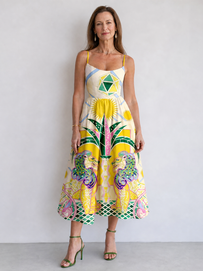 Petra | Geometric Lion Print Midi Dress