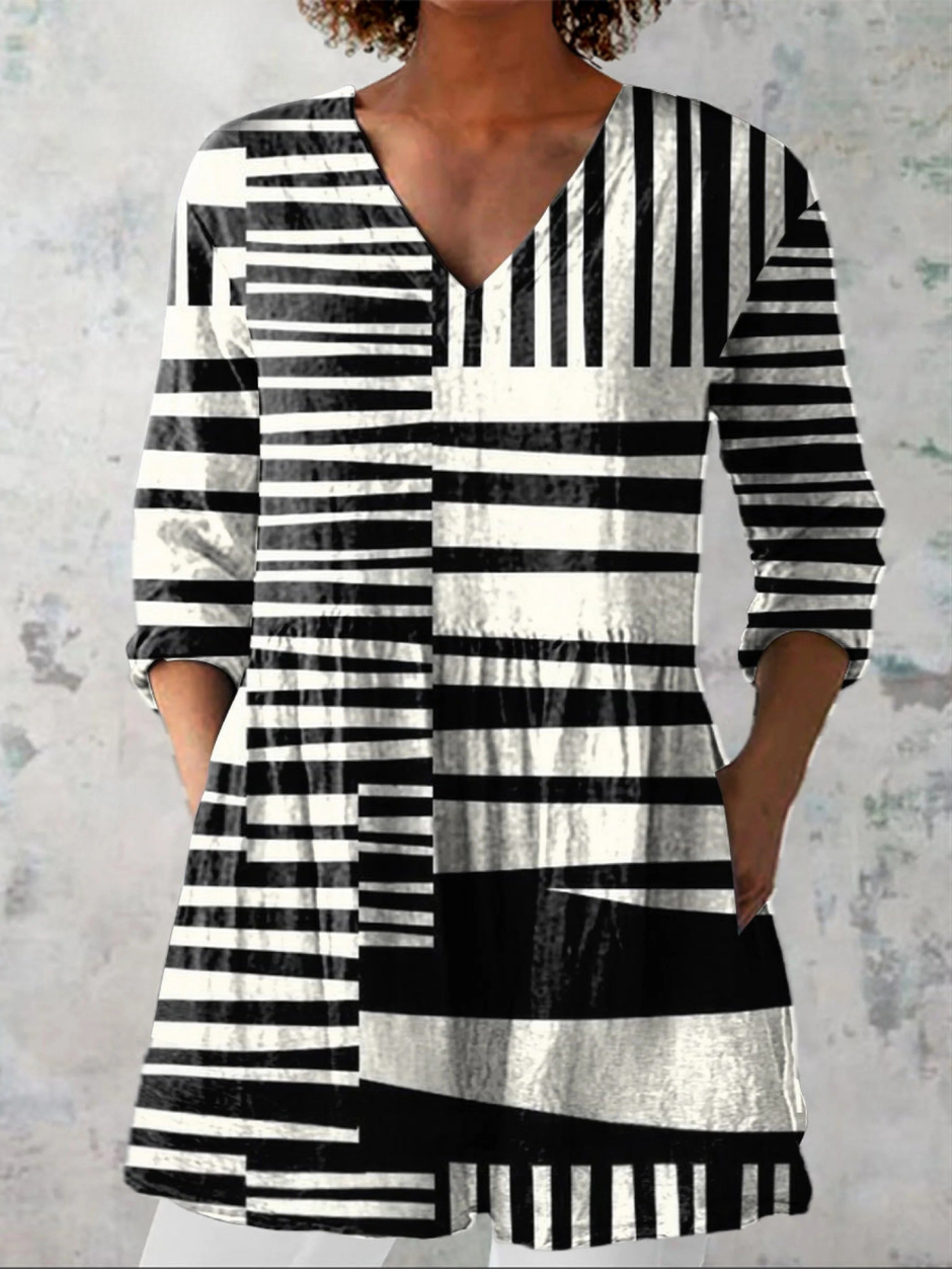 Sophie | Black & White Stripe V-Neck Tunic Top