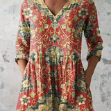 Leah | Red Vintage Ornament V-Neck Tunic Top