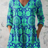 Ivy | Blue & Green Damask V-Neck Tunic Top
