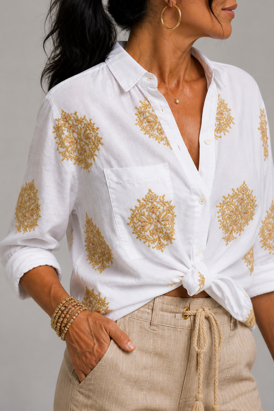 Eleanor | White Gold Embroidered Blouse