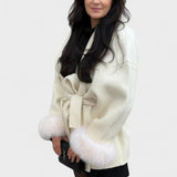 Dinah | Ivory Belted Coat with Faux-Fur Cuffs