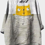 Olivia | Stripe Cat Print Shirt