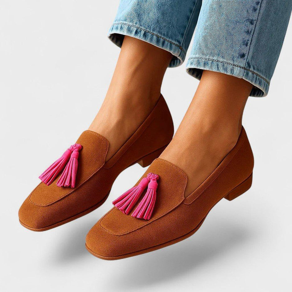 Romy | Cognac Loafers with Pink Tassels