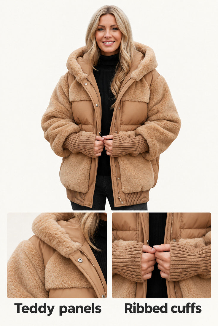 Lena | Camel Hooded Teddy Puffer Jacket