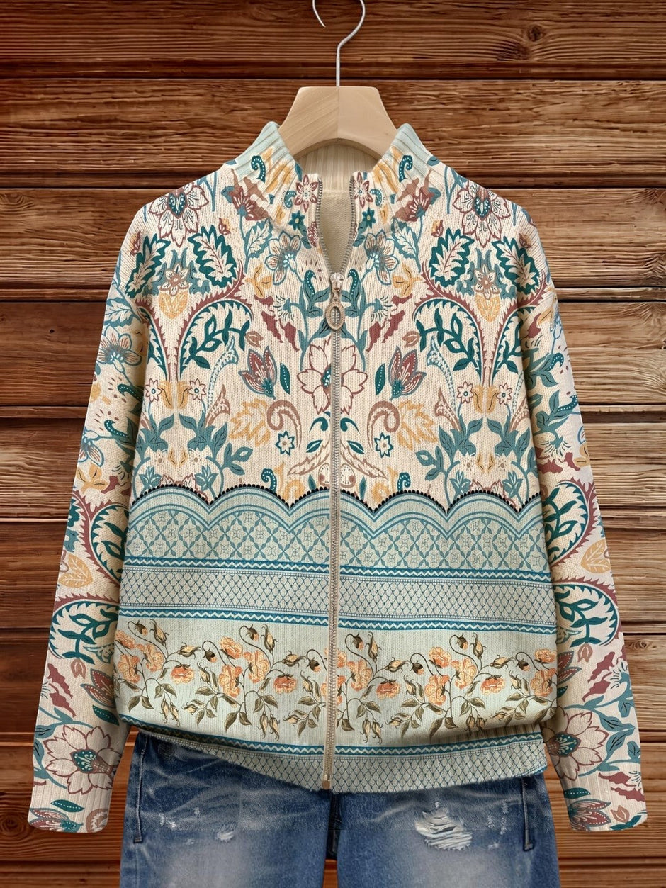 Gail | Ornamental Floral Knitted Zip Cardigan