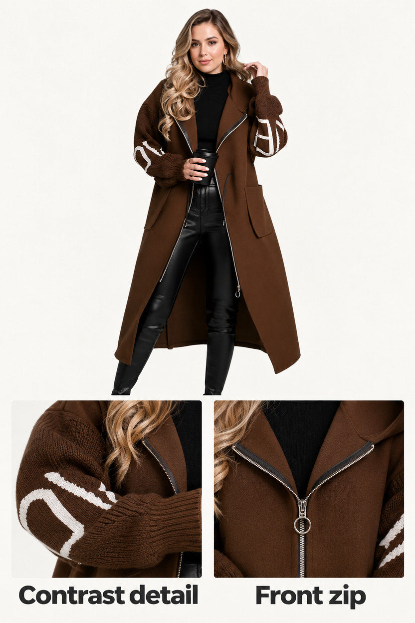 Rosie | Brown Contrast-Trim Long Coat